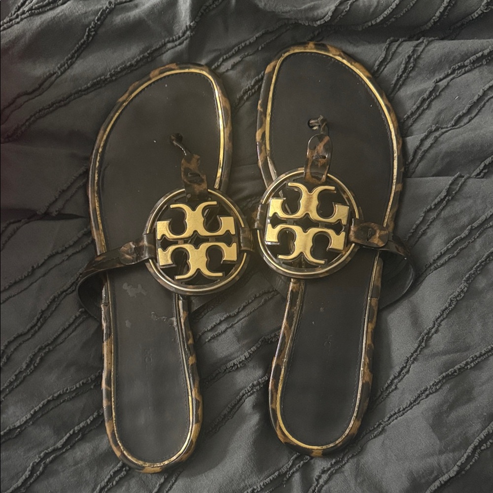Tory Burch Black and Gold Logo Sandals